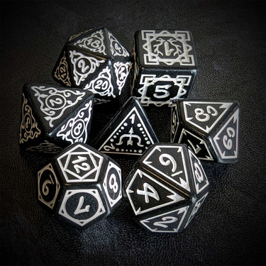 White Vines on Black Acrylic - 7pcs RPG Full Dice Set Top